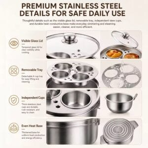 Stainless Steel Water Bath Stew Pot with 4 Inner Cups and Glass Lid