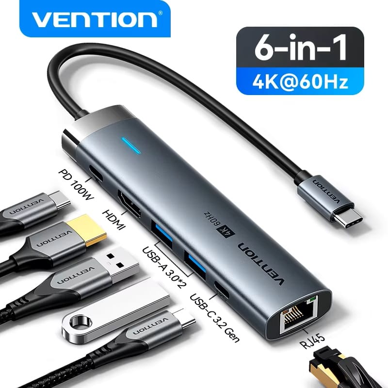 Vention USB C Hub with HDMI 4K 60Hz RJ45 USB 3.0 and 100W PD